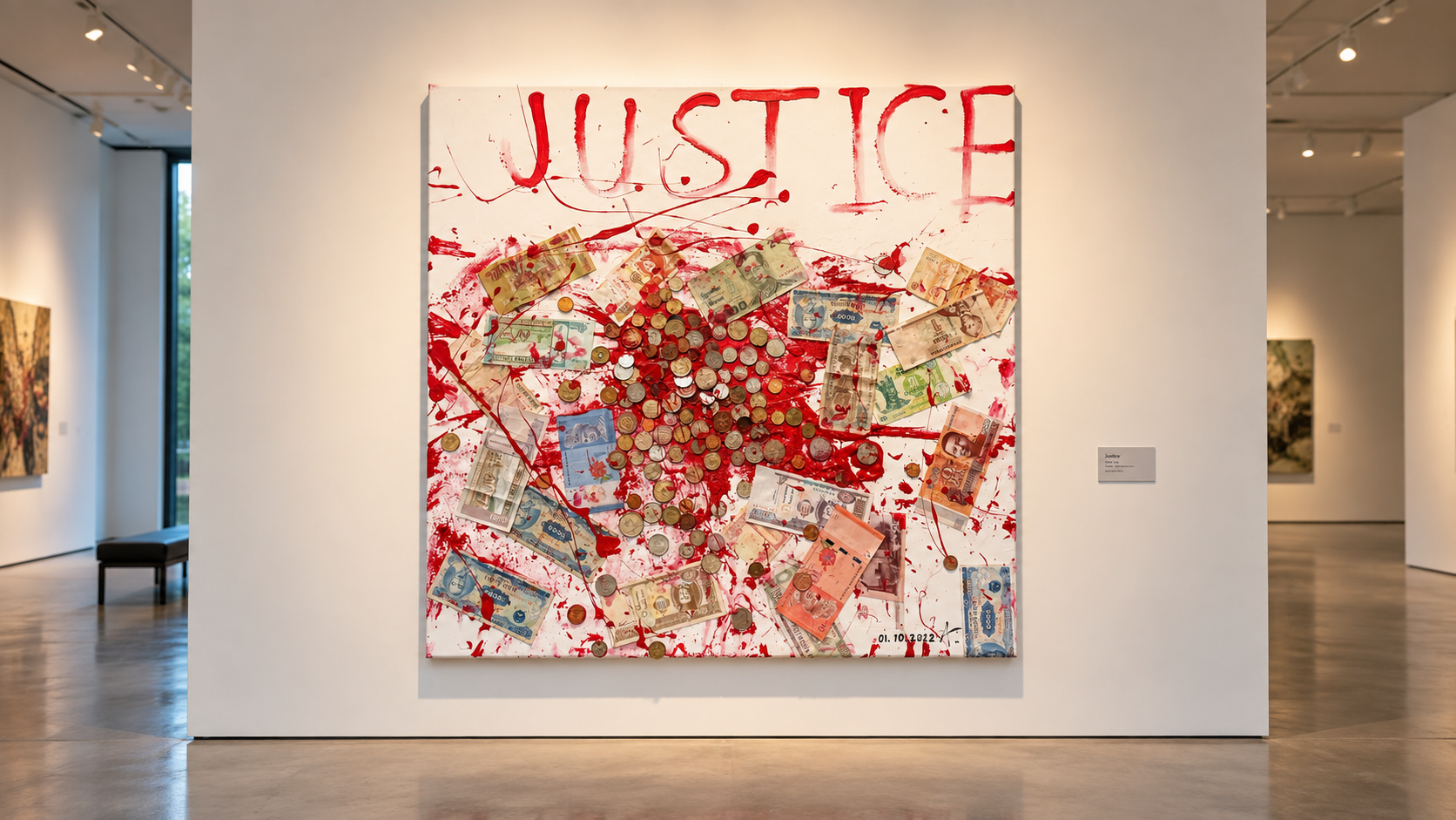 A handmade painting composed with real banknotes from twenty-eight countries.