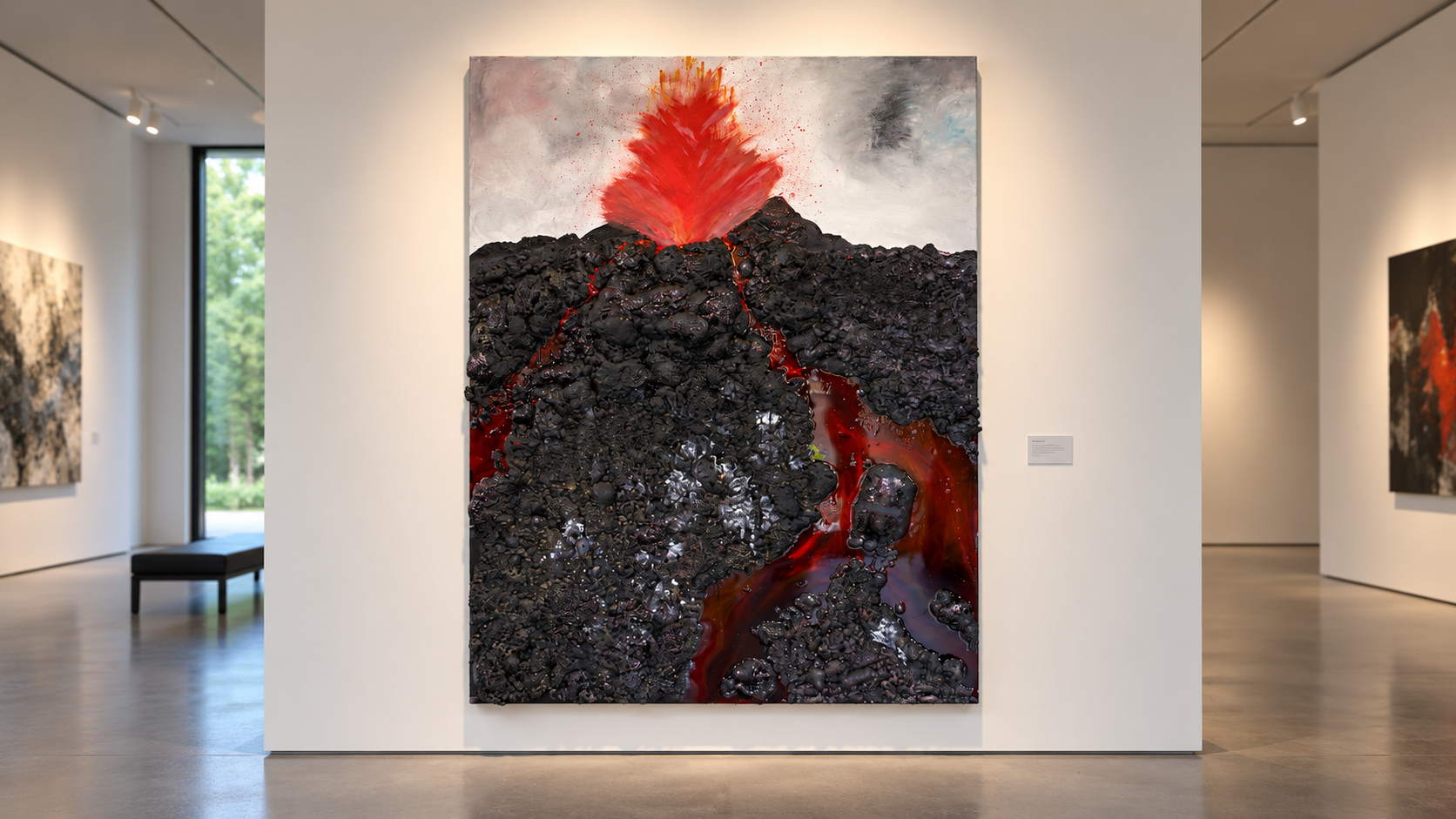 A textured painting with molten red and black volcanic surfaces.